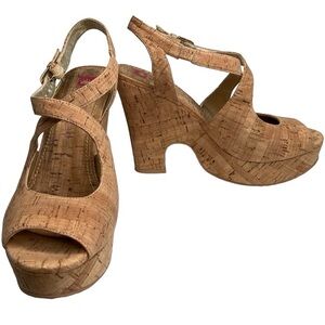 ELAINE TURNER “Bianca” Cork Criss Cross Straps Peep Toe Platform Sandals, 9